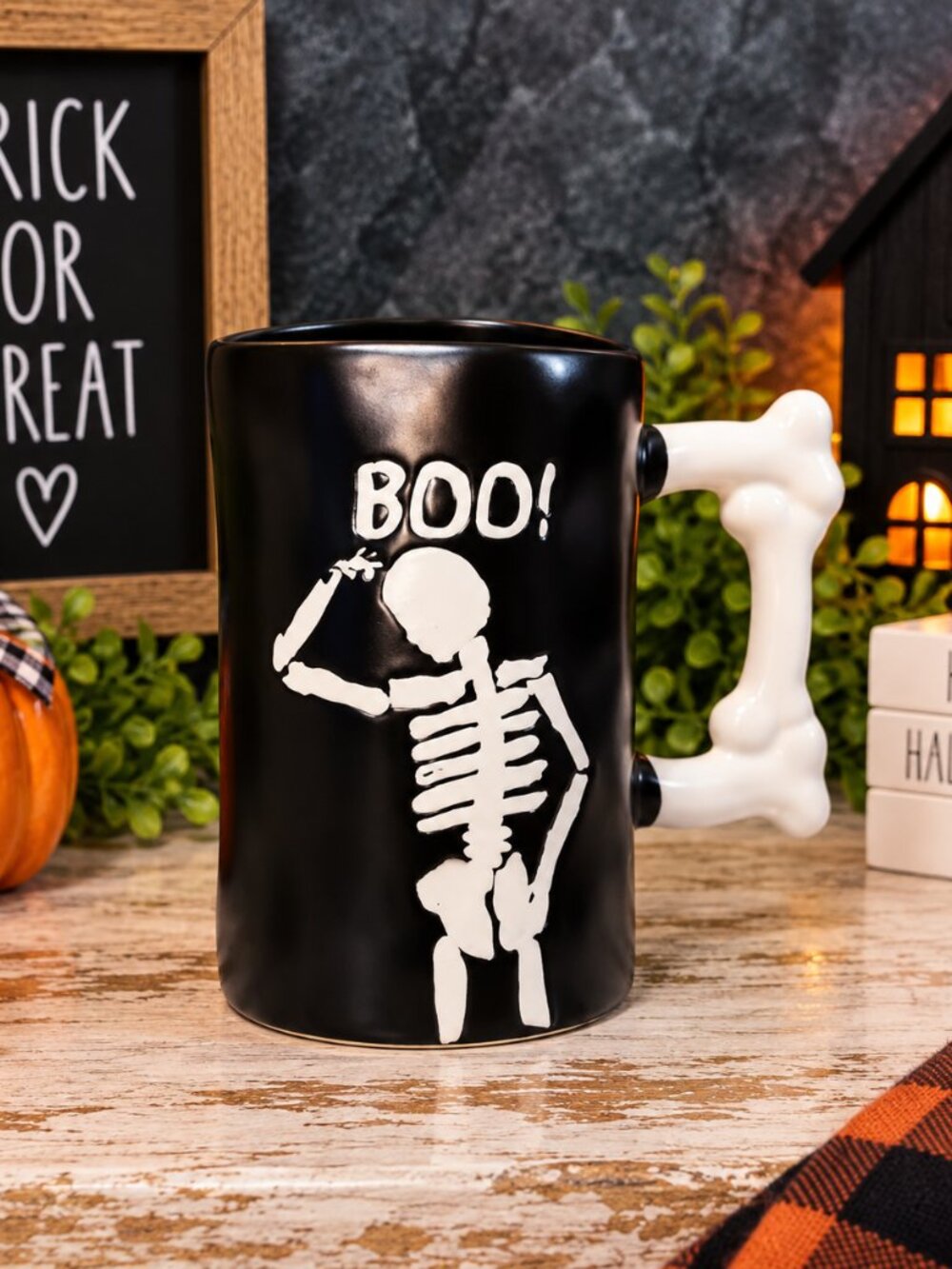 BOO Skeleton Halloween Mug Black Ceramic Orange Interior Bone Handle NWT